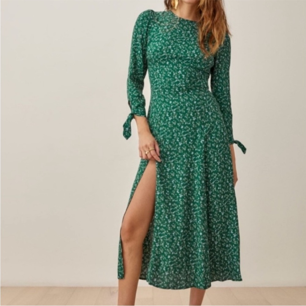 Reformation Green  Zelda Midi Dress Floral‎ Tie Sleeve Button Prairiecore Size 8 - Picture 4 of 15